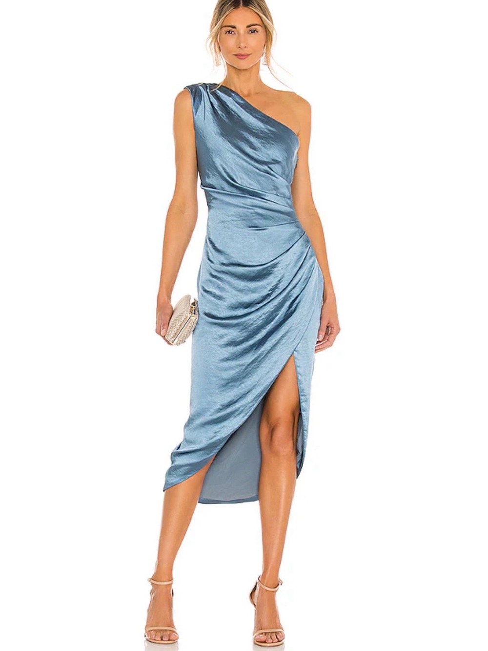 Elliatt One-Shoulder Satin Midi Dress in Dusty Blue